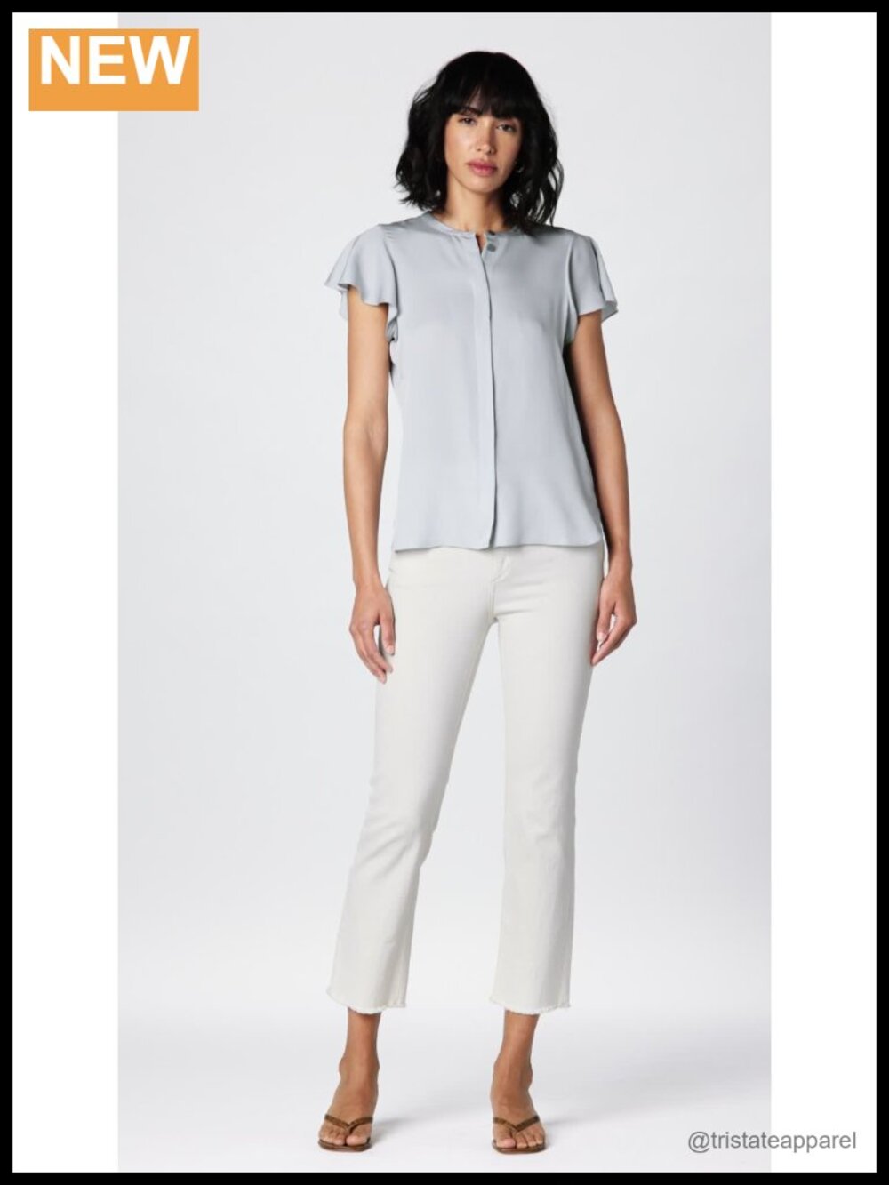 Silk Ruffle Sleeve Cropped Blouse Button Front Shell - Picture 4 of 4